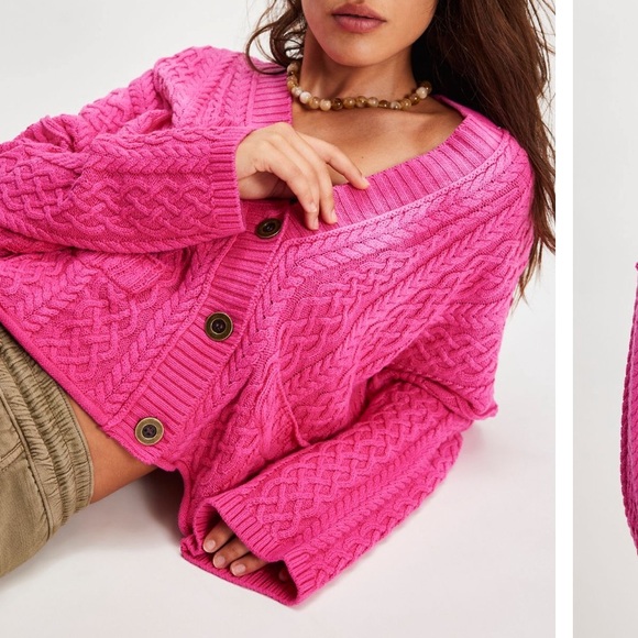 NWOT Free People Washed Ashore Cardi, Hot Pink Combo, XS - Picture 2 of 5
